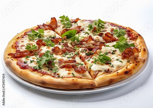 Knusprige Pizza aus dem Holzofen, freigestellt vor neutralem Hintergrund, Generative AI