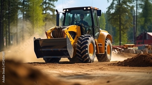 Site Preparation: A skid steer loader in action, clearing the site for construction. photo