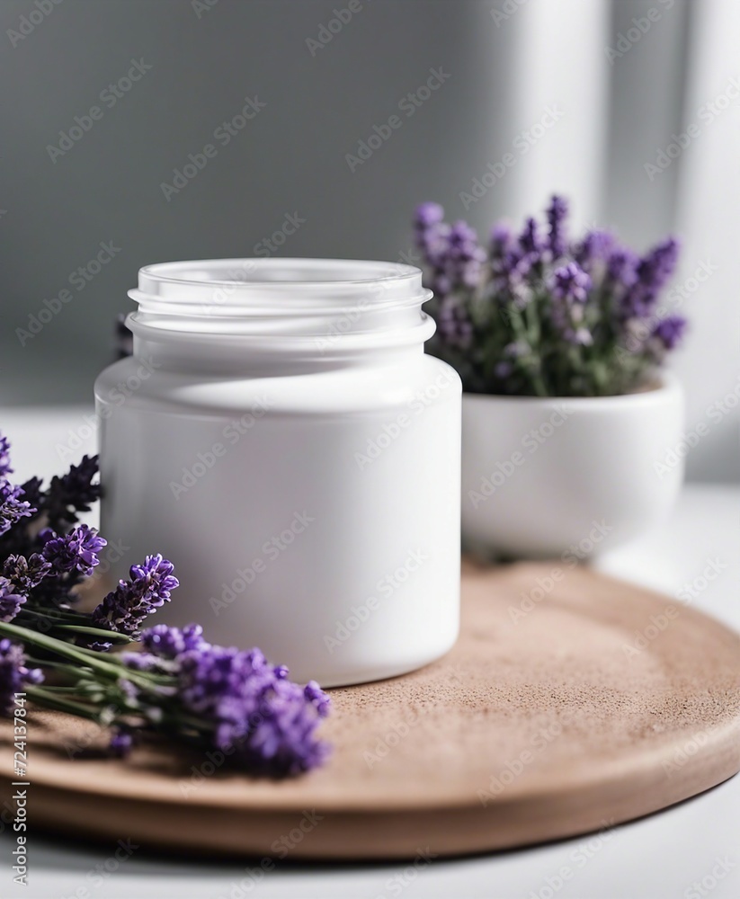 empty cosmetic cream container and near the decorative lavender flower plant in white color, isolate white background
empty cosmetic cream container and near the decorative lavender flower plant in white color, isolate white background