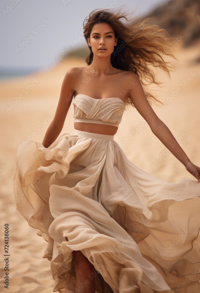 A stylish woman wearing a white sundress gracefully walks along the sandy shoreline of a beautiful beach.