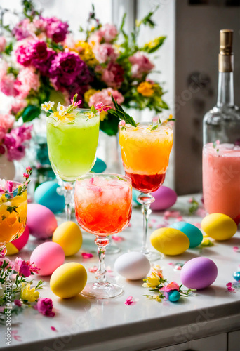 Beautiful Easter cocktails on the kitchen table. Selective focus.