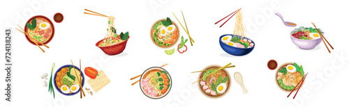 Ramen Soup Noodles Bowl as Asian Traditional Cuisine Dish Vector Set