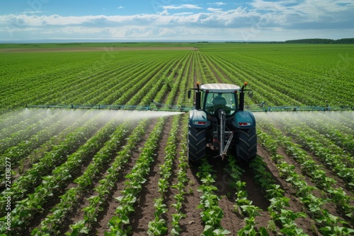 Tractor spraying pesticides on a soy field