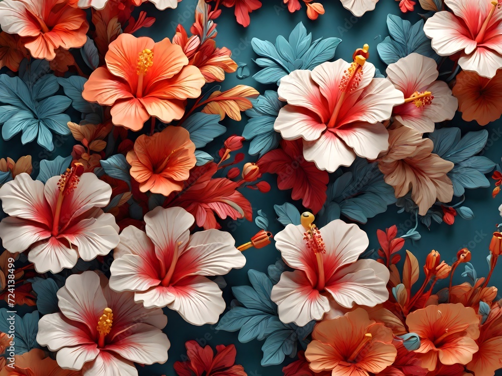Obraz premium A bright floral pattern with an image of hibiscus. 3d flowers