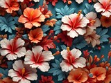 A bright floral pattern with an image of hibiscus. 3d flowers