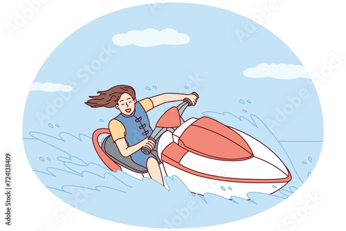 Happy woman with flowing hair rides jet ski on sea during summer trip to hot islands. Young girl goes in for extreme sports racing on water bike leaving splashes behind. Flat vector illustration