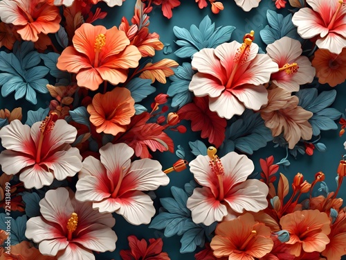 A bright floral pattern with an image of hibiscus. 3d flowers
