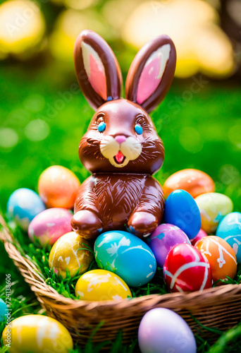 Easter chocolate bunny and eggs. Selective focus.