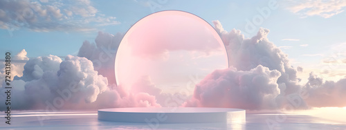white podium under clouds 3d illustration in
