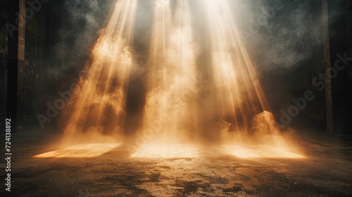 dramatic stage with intense beams of light cutting through the darkness, illuminating particles in the air