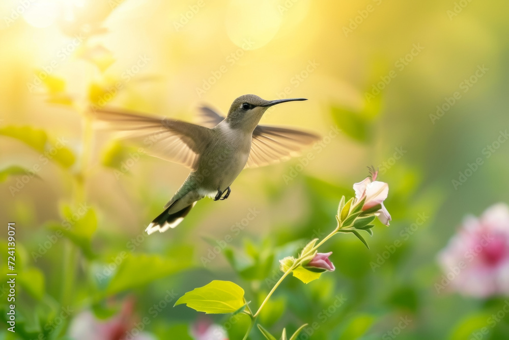 Hummingbirds in spring nature. Background with selective focus and copy space Hummingbirds in spring nature. Background with selective focus and copy space