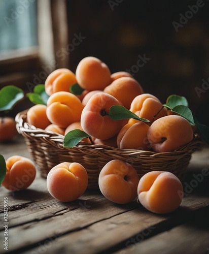 freshly picked apricots in a basket on a wooden table
