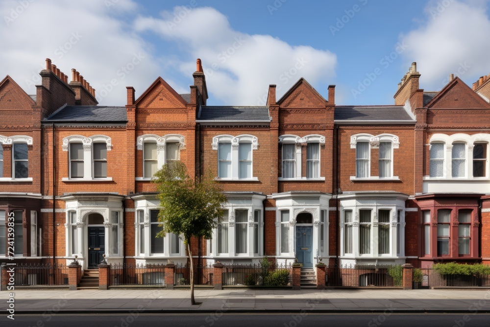 A row of red brick townhouses stands proudly on a street corner, creating a striking architectural display.