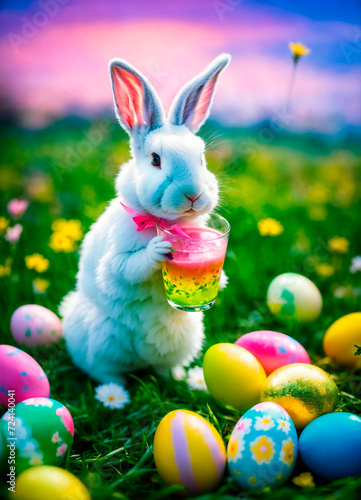 Easter bunny with cocktail and eggs. Selective focus. © yanadjan
