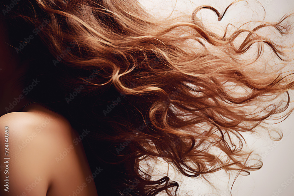 Thick brown curly well groomed female hair flutters in wind close up. Healthy long hair of young modern brunette woman