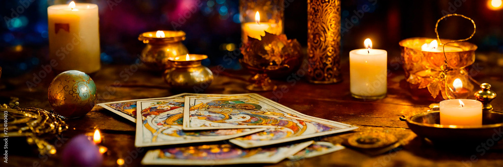Accessories and candles for fortune telling on the table. Selective focus. Accessories and candles for fortune telling on the table. Selective focus.