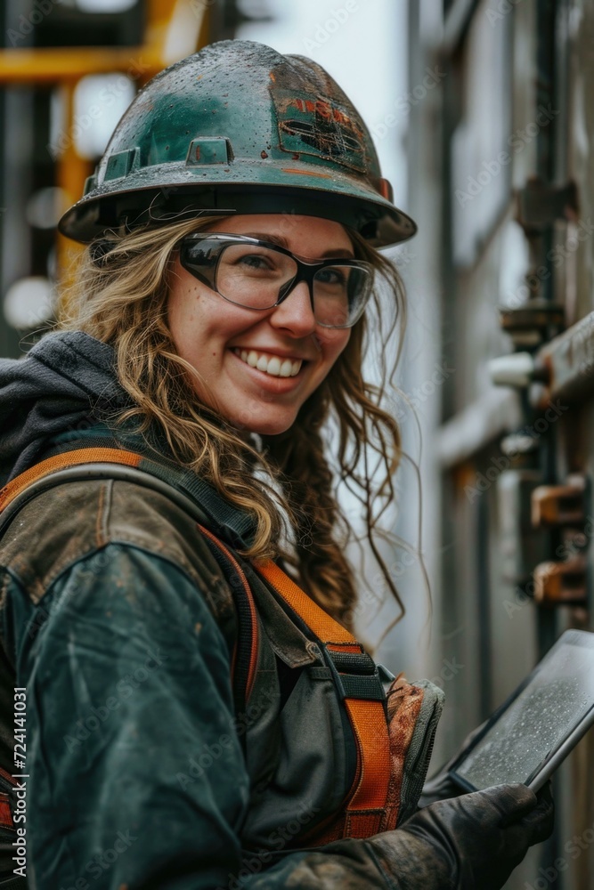 A woman in a hard hat and safety glasses holding a tablet. Generative AI. A woman in a hard hat and safety glasses holding a tablet. Generative AI.