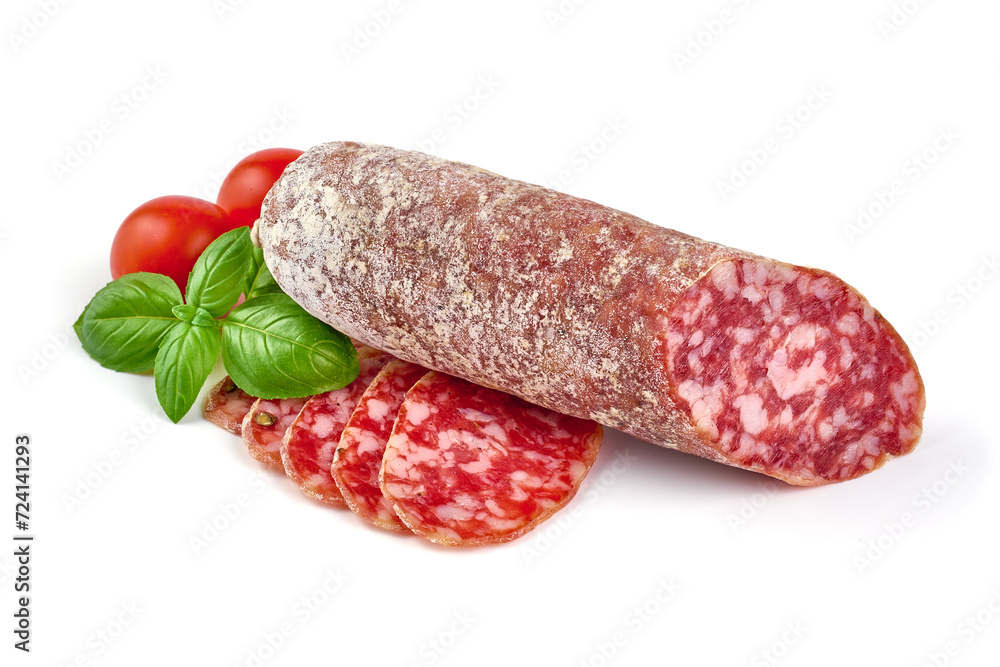 Cured salami sausage, Italian cuisine, isolated on white background. Cured salami sausage, Italian cuisine, isolated on white background.