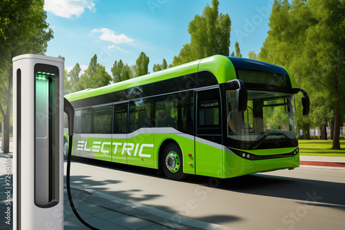 Green electric bus with charging station on a city street. Eco-friendly vision of urban transport for a sustainable and clean future