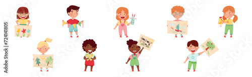 Creative Kids Showing Paper Drawing and Handcrafted Object Vector Set