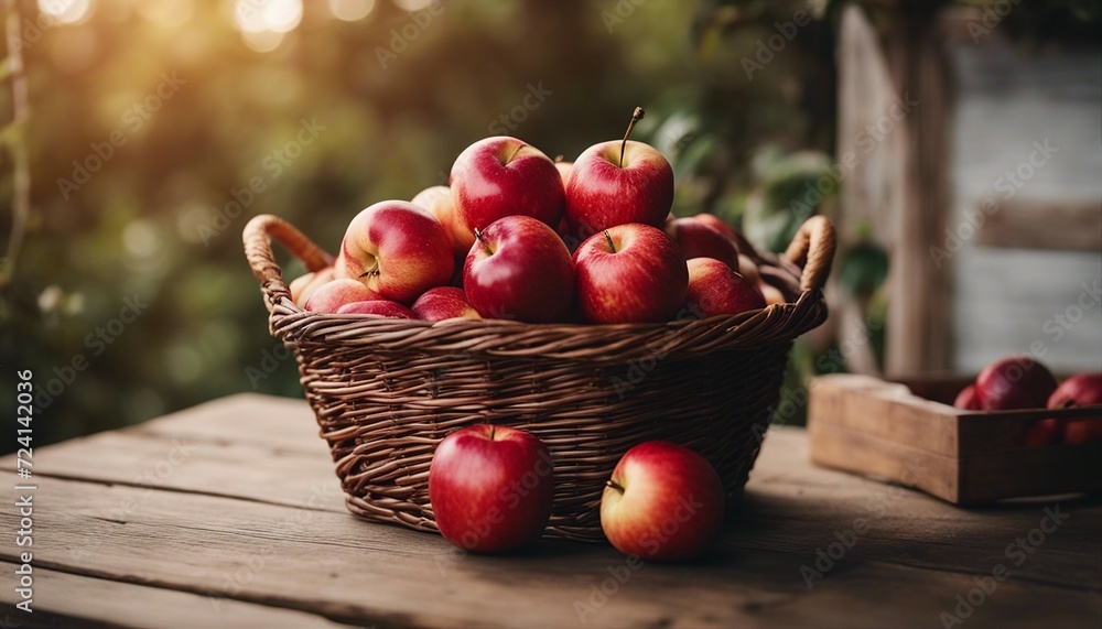 freshly picked red apples in a basket on a wooden table, copy space for text
