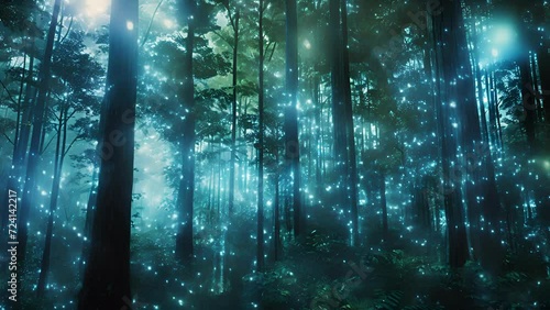 A hologram of a dense forest with towering trees and hidden paths but no markers or identifiable locations. photo