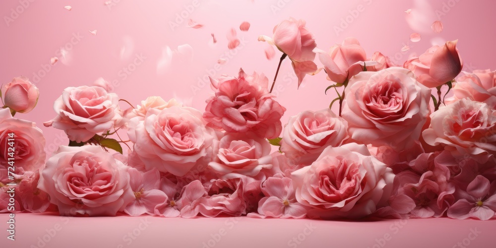 Pink background with roses, space for text or advertising. Generative AI