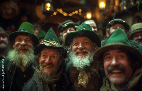 Men Celebrating St. Patrick's Day. Group of men in festive green hats enjoying St. Patrick's Day in a pub.