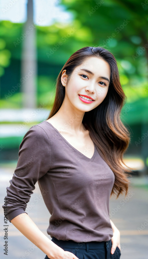 photo of beautiful asian woman with brown top posing standing at pavement street, generative AI