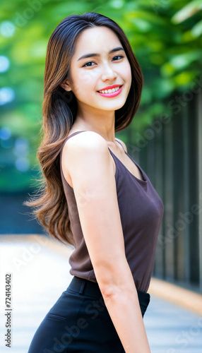 photo of beautiful asian woman with brown top posing standing at pavement street, generative AI