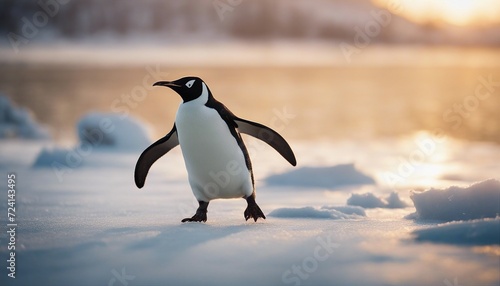 penguen running on ice to the camera  warm light 
