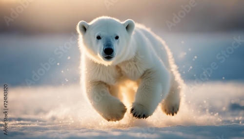 polar bear cub running on ice to the camera, warm light  © abu
