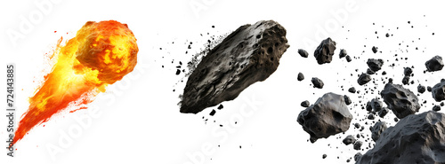 Comet, a Set of Meteor, Swarm of Asteroids, Stone, and Fire Meteor, Isolated on Transparent Background, PNG