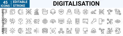 Digitalisation web icons. Digital technology icons such as cloud computing, artificial intelligence, mobile payment, coding, chip, vr glasses, innovation, network.