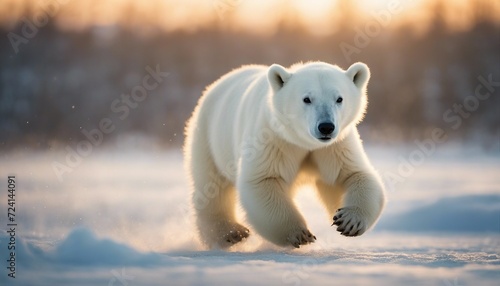 polar bear cub running on ice to the camera, warm light 