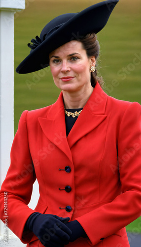 photo of beautiful lady europe woman with red coat and hat standing at garden, generative AI