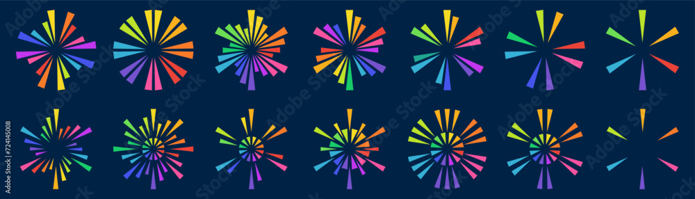Set of creative fireworks explosion design vectors, ornament fireworks colorful design vector. Set of creative fireworks explosion design vectors, ornament fireworks colorful design vector.