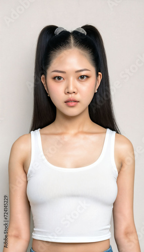 photo of beautiful young asian woman with crop white top and jeans standing at white backdrop  generative AI