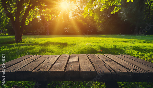 wooden patio bench and green field in