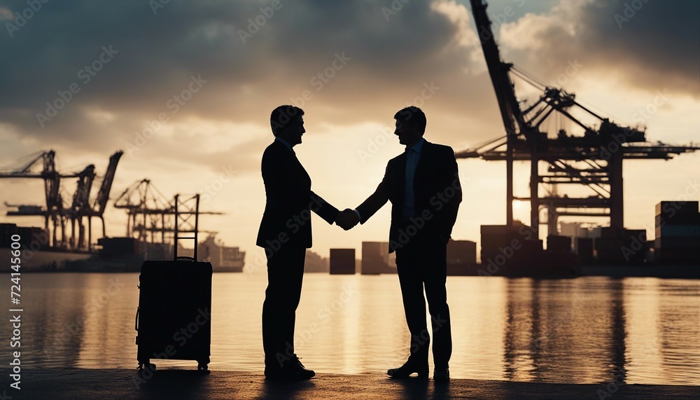 silhouette of two business people shaking hands in front of ships and containers at the commercial port
