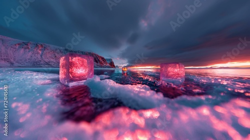 Icy terrain with glowing embers under a dramatic twilight sky.