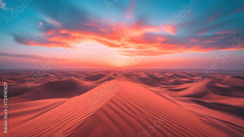 A vibrant sunset painting warm hues over sand dunes.