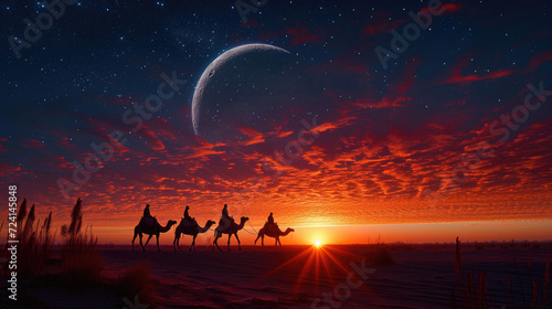 A silhouette of a camel caravan against a sunset sky with a crescent moon.