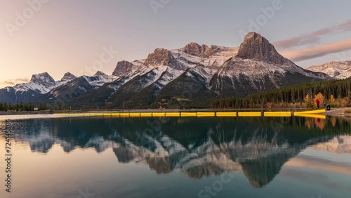 Mount Lawrence Grassi in Canadian Rockies reflection on reservoir in the morning at Rundle Forebay, Canmore photo