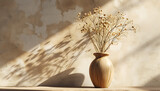wooden vase with dried flowers on background 3d rende