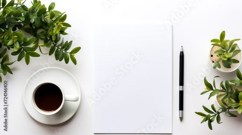 Empty notepad with coffee cup on white table,  Minimal style feminine workspace. Modern office desk with computer keyboard, coffee cup, glasses, notebook, envelope, blank paper card on white backgroun
