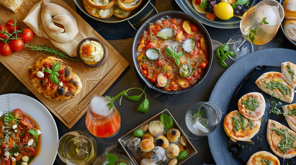 A fantastic spread from an Italian inspired menu of pizza, caprese salad, tomatoes and cheeses