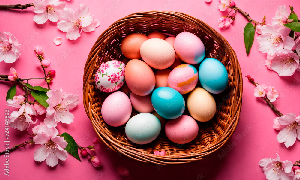 Basket with Easter eggs. Selective focus. Basket with Easter eggs. Selective focus.