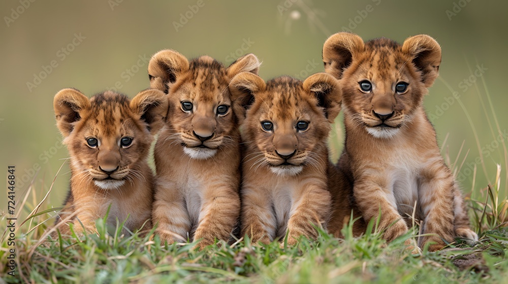 Four cute lion cubs sit together on a bank in the African wilderness Four cute lion cubs sit together on a bank in the African wilderness