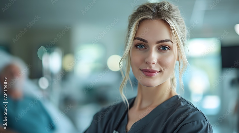 A young blonde woman nurse cares for senior elderly patients A young blonde woman nurse cares for senior elderly patients
